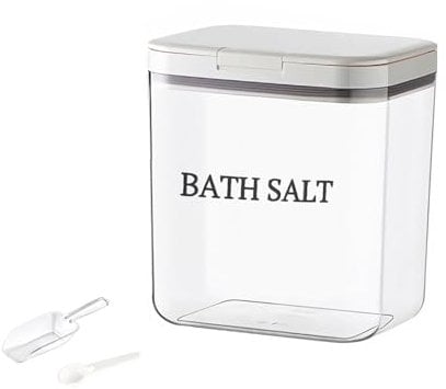 Gzsekken Bath Salt Storage Container,Airtight Bath Salt Jar with Lid One-Click Pop-Up Design,Clear Plastic Storage Bath Bombs Canister Salts Container with Scoop Bathroom Container Box for Salt-2L