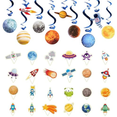 10 Stück Planeten-Spiralanhänger, 24 Stück Weltraum-Einsätze, Weltraum-Planeten-Anhänger, Weltraum-Party-Dekorationen, Kinderparty-Dekorations-Requisiten