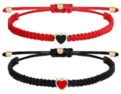 1 Paio di Braccialetti a Forma di Cuore, in Tessuto Colorato, Set di Braccialetti Rossi Regolabili, per Coppie e Amicizie, Regalo per Amici (Nero, Rosso)