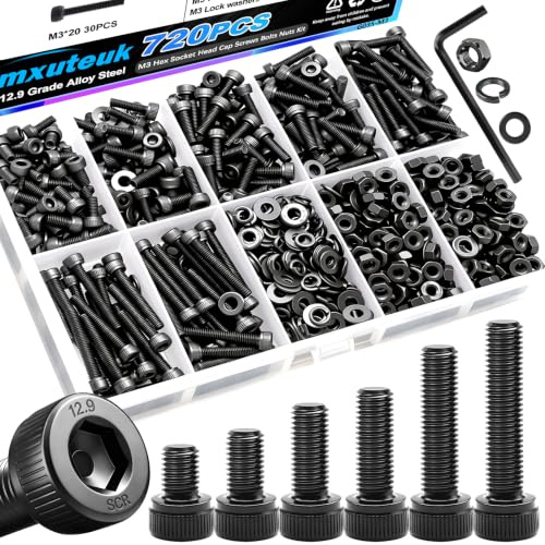 mxuteuk 620PCS M3 Schrauben kit, M3 Schrauben für den 3D-Drucker, 12.9-Legierungstahl 6/8/10/12/16/20mm Innenschrauben-Schraubens-Mutter-Kit