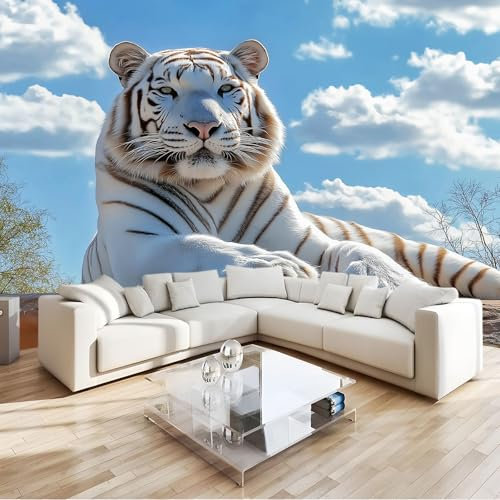 Photo Papier Peint 200 x 140 cm Intissé Murale Bleu Panoramique Poster Papier Peint Animal Tigre Blanc Photo Murale Décorative Tenture Murale pour Appartement Décoration Salon