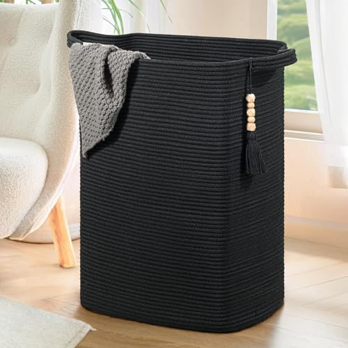 Laundry Basket, Laundry Hamper, Clothes Hampers for Laundry Room, Tall Woven Laundry Basket, Blanket Baskets Living Room, Storage Baskets for Toys, Towels, 41x33x56 cm, Black