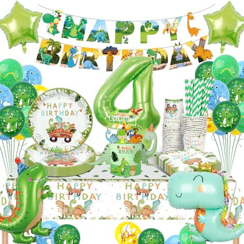 YIMAKJ Dino Geburtstag Deko 4 Jahre, Dinosaurier Kindergeburtstag Deko, Geburtstagsdeko 4 Jahr Junge, Dinosaurier Pappteller Dino Servietten Tassen Luftballons für Dino Deko Kindergeburtstag 16 Gäste