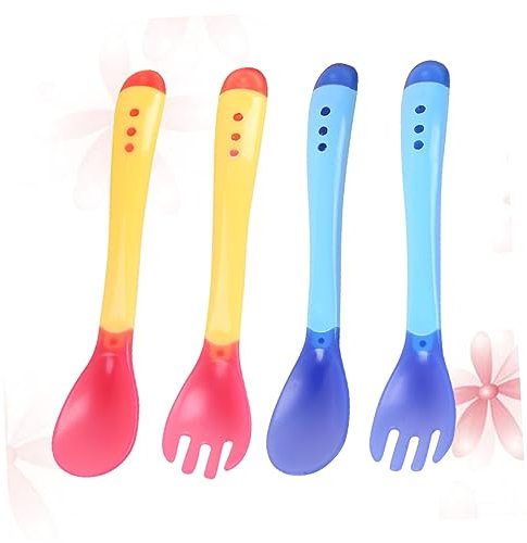 VICASKY 4 Stück Babygeschirr temperaturempfindliches Geschirr Taufgeschenke für -Utensilien babylöffel Esslernbesteck mit Temperaturanzeige Babybesteck Babygabel mit Löffel