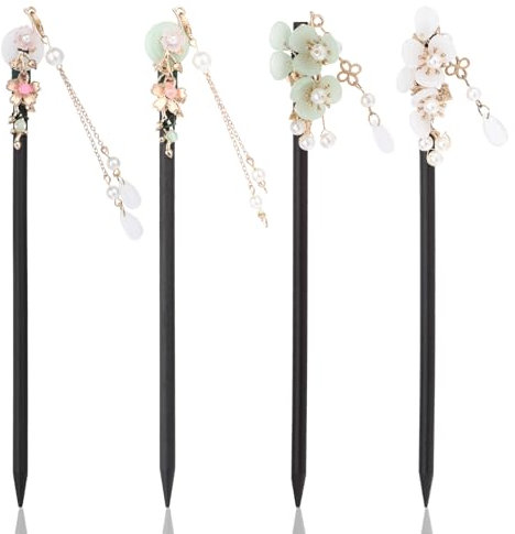 Molain 4 Stück Chinesische Haarstäbchen, Vintage Chinesische Haarnadel Mit Blumen und Troddeln Holz Haarstab Hair Stick Haarnadeln Haar Essstäbchen für Frauen Mädchen Haar Zubehör
