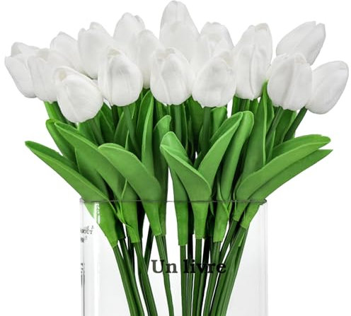 LWuuywa Künstliche Tulpen wie echte Tulpen Latex Real Touch Künstliche Blumen Blumenstrauß für Hochzeitszimmer Haus Hotel Party Home Decor (24, Weiß)