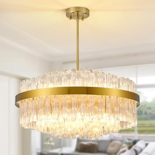 KUNYEEE Gold Kristall-Kronleuchter, bündig montierte Kristall-Deckenleuchte, runde Kronleuchter-Pendelleuchte für Wohnzimmer, Kücheninsel, Esstisch, Flur, G9 x 12 Leuchten, 60 cm