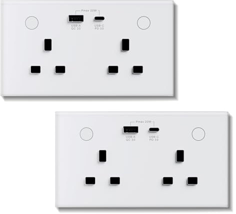 BSEED WiFi Socket 2 Gang with USB and Type C Compatible with Alexa and Google Home, Metered Socket With APP Remote Control Compatible with Smart Life, Timer Outlet Smart Outlet 16A White, 2 Pack
