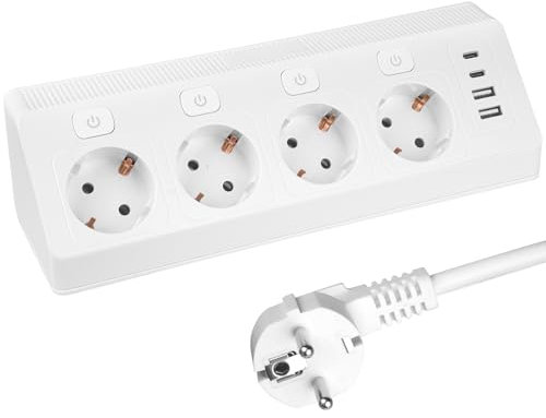 Steckdosenleiste mit 4 Schalter, 8-in-1 Mehrfachsteckdose mit USB (2X USB-A + 2X Type-C), 230V/16A/3680W, 2m Kabel, 4 Fach Mehrfachstecker, Desktop-Ecksteckdose für Büro & Zuhause