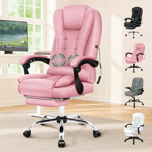 ELFORDSON 2-Point Massage Office Chair for Home, PC Gaming Chair with Footrest and Lumbar Support, High Back 150° Reclining Executive Desk Chair with Padded Armrest, PU Leather, Pink