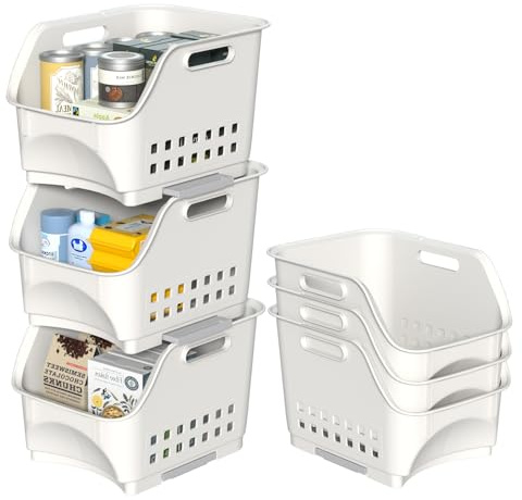 Yesdate 3 Pack Plastic Stackable Storage Baskets, Kitchen Stacking Shelf Basket, White