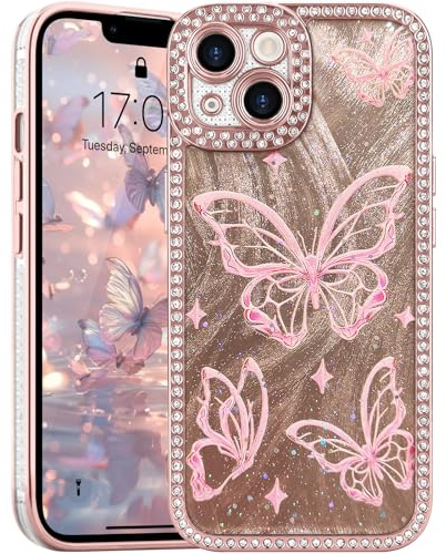 L-FADNUT Coque pour iPhone 13 Motif Papillon Pailleté Brillant en Diamant Housse en Silicone TPU Antichoc Coque de Protection pour iPhone 13, Rose