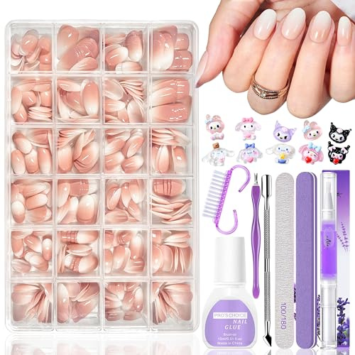 420 Stück Falsche Nägel Tips Set - Extra Short Almond Press On Nails Soft Gel Full Cover Nail Tips für Gelnägel, Gradient Falsche Nägel Zum Aufkleben, Ombre Fake Nägel für Nail Extensions (RundNude)