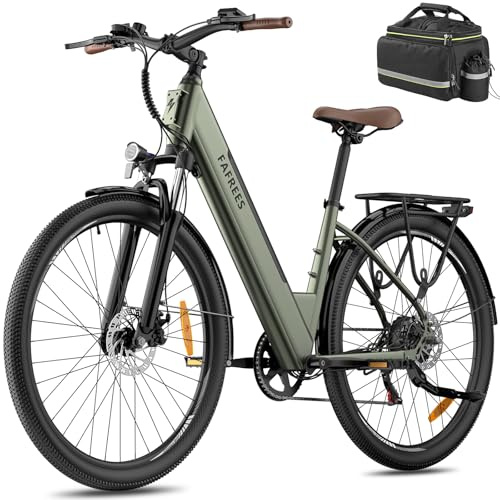 Fafrees 28 Electric Bike for Adults 36V16Ah Removable Battery Pedal Assist City Ebike 250W, Front Fork Suspension, 75km Range, with LCD Display, 7-Speeds Gear, Green, Rear Seat Bag