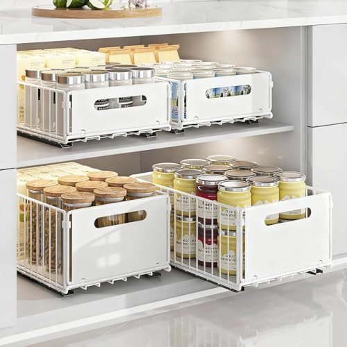 IVTUVTI faltbarer ausziehbarer Schrank-Organizer, ausziehbarer Schrank-Organizer, ausziehbare Schubladen-Regalaufbewahrung für die Organisation von Küchenschränken (White, 2 Large + 2 Small)