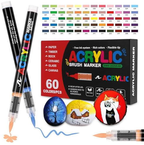 TOVIKI Feutre Acrylique 60 Couleurs Pointe Pinceau | Séchage rapide, imperméable, coloriage adulte, pour bois, verre, pierre, céramique, DIY, cadeaux
