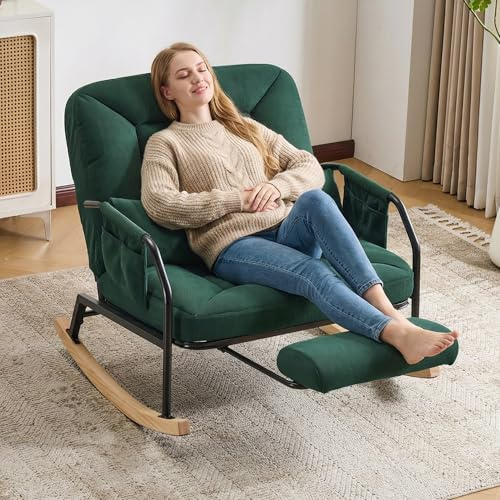 EBELLO Schaukelstuhl mit Fußstütze, Schaukelsessel mit Verstellbarer Rückenlehne bis 160°, Cordstoff Lesesessel mit Seitentasche Relaxstuhl Tragfähigkeit 150 kg für Wohnzimmer, Dunkelgrün