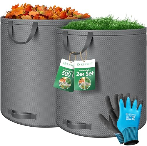 KESSER® Gartensack 2x 500L Set Laubsack Gartenabfallsack inkl. Handschuhe - Selbststehend 4 Griffe Stabil Robust & Faltbar - Laubsäcke Rasenschnitt Gartensäcke für Gartenabfälle Grünschnitt Anthrazit