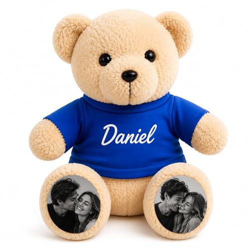 VEELU Personalisierte Teddybär Kuscheltier mit Foto & Name - Plüschtier Stoff Teddy Bear Kuscheltier, Personalisiertes Geschenk für Geburt, Hochzeit, Valentinstag, Geburtstag, Jahrestag (S-1)