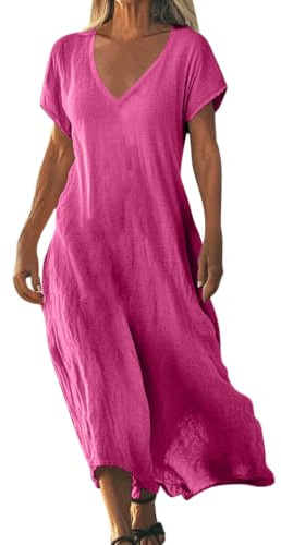 Minetom Robe Été Femme Longue Col V Manches Courtes Vacances Plage Coton Lin Robes