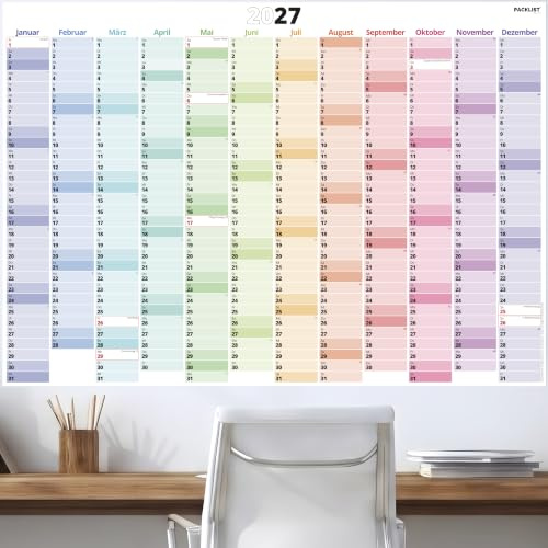 PACKLIST® Wandkalender 2027 groß DIN A1 84,1x59,4 cm – Jahresplaner 2027 Querformat gefaltet – 160 g/m² Dickes Papier Wandplaner mit Feiertagen & Kalenderwochen für Büro, Familie, Homeoffice & Studium