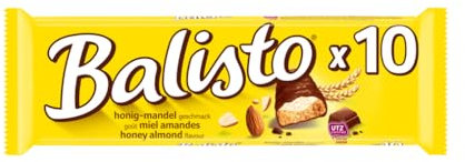 BALISTO - Barre Biscuit Céréales et Chocolat au Lait - 10 x 18,5g - Goût Miel & Amande - Boite de Barres Chocolatées - 185g