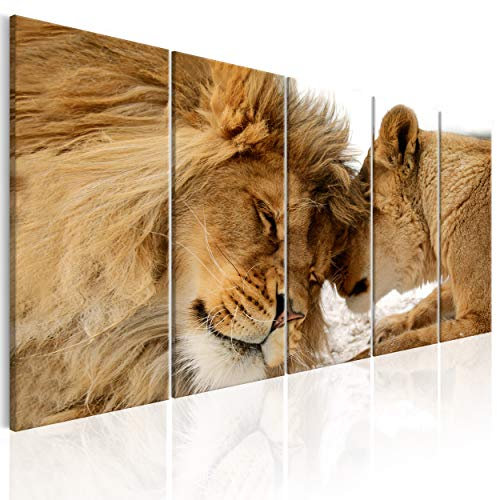 decomonkey Bilder Löwe 225x90 cm 5 Teilig Leinwandbilder Bild auf Leinwand Wandbild Kunstdruck Wanddeko Wand Wohnzimmer Wanddekoration Deko Tiere Afrika Katze braun