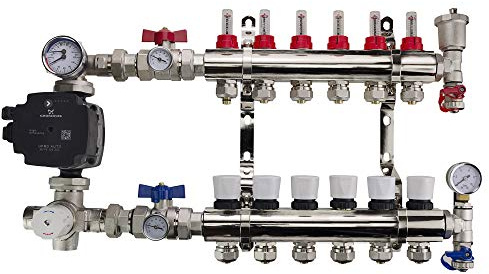 Brass Underfloor Heating Complete Manifold Kit + Grundfos 'A' Rated Pump (9 Ports, 16mm eurocon connectors)