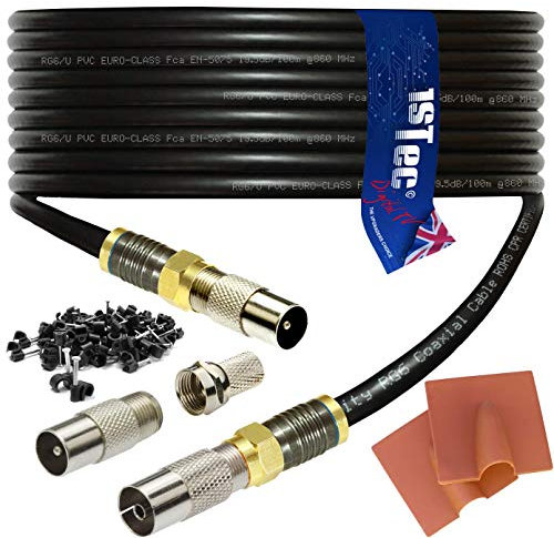 1STec 50m Shielded Digital TV Male to M/Female Gold Plated F-Connector Cable for FreeView HD Freesat BT YouView Satellite Dish or Rooftop Aerial to Wall Box Plug or Socket Lead (50 Metre, Black)