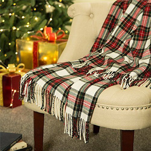 Glitzhome Karierte Überwurfdecke mit Quasten für Bett, Couch, Sofa, wendbar, Schottenkaro, Überwurf, 152,4 x 127,7 cm