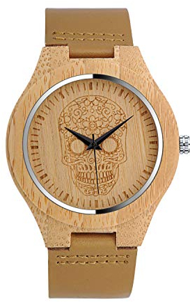 Unendlich U Herren Damen Unisex Bambus Totenkopf Holzuhr Analog Quarzwerk Armbanduhr mit Lederband Für Frauen Männer Vater Ehemann Geschenke