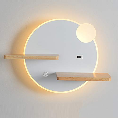 WRMING 11W LED Wandleuchte mit Schalter, Kinderzimmer Nachtlampe mit USB-Ladeanschluss, Metall Wandlampe Holz Regal, Schlafzimmer Flur Treppe Küche Energie Sparen Innenbeleuchtung,A06