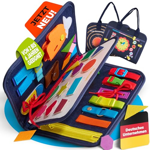 AnToniMahoni Montessori Busy Board Deutsch Spielzeug ab 1 2 3 4 Jahre Kleinkinder, Activity Board Motorikspielzeug, Geschenk Junge Mädchen, Baby Lernspielzeug Grundkenntnisse, Motorikspiel für Reisen