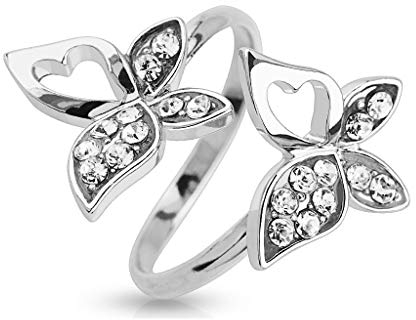 Paula & Fritz® Ring Damen Verstellbar Schmetterlinge Silber Zirkonia Klar 316L Chirurgenstahl Zehenring Mittelring Offen Einstellbarer-Ring