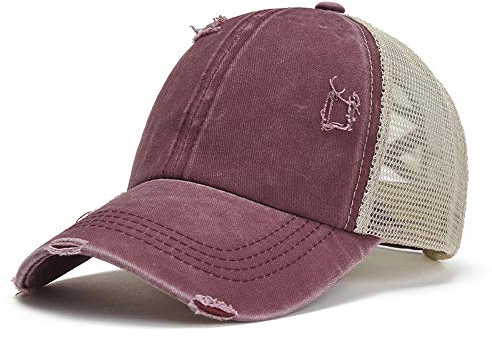 Herren Kappe Hut Frauen Baseball Cap Camo Print Distressed Gewaschen Unordentlich Trucker Hut Mesh Zurück Pferdeschwanz Hohl Criss Cross Band-Wine_Red