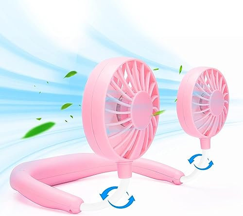 Ventilateur de cou portable rechargeable mains libres avec mini port USB, 3 vitesses réglables, rotation libre à 360 degrés, parfait pour le travail, les voyages, le bureau, la lecture (rose)