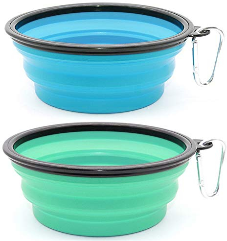 SLSON 2 Pièces Bol Pliant en Silicone pour Chien et Chat - Gamelle de Voyage Pliable, Bleu Clair et Vert Clair (1000ml)