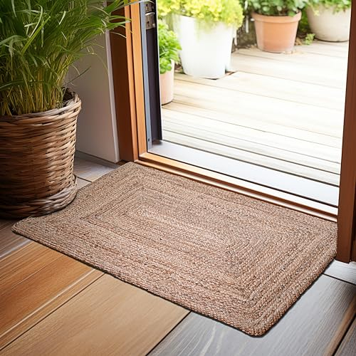 Hausattire Handgewebter Jute-Teppich, 60 x 90 cm, natürlich, wendbar, Boho-Eingangsbereich, für Küche, Wohnzimmer, Bauernhaus, Innen- und Außenbereich, dekorativer Bodenteppich, 61 x 91 cm