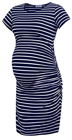 Smallshow Women's Short Sleeve Maternity Dress Ruched Pregnancy Clothes,Navy Stripe,L