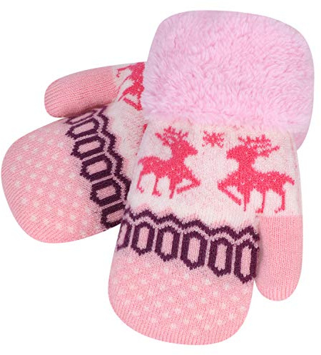 IBLUELOVER Moufles Enfant Hiver Gant de Ski Tricot Doublure Polaire Motif Cerf Chauds Garçons Filles Avec Corde Tour du Cou Snowboard Camping Vélo 3-8 Ans