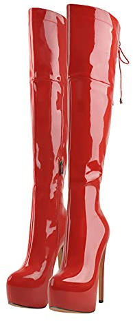 Only maker Women's Sexy Platform High Heel Over the Knee Boots Round Toe Stilettos Slim Heel Lace Up Thigh High Booties with Zipper Party Dress Red Fall Summer Boots Size 7