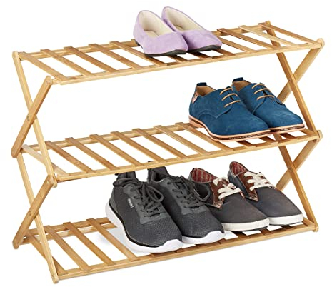 Relaxdays faltbares Schuhregal, 3 Ebenen, 9 Paar Schuhe, Zuhause & Camping, Bambus Schuhständer, HBT: 46x67x26 cm, Natur, 46 x 67 x 26 cm