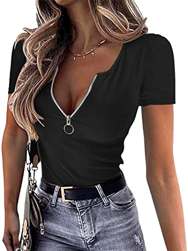 OwnTime Womens Summer Tops Short Sleeve Shirts Sexy V Neck Slim Fit Zip Up Tops Ribbed Knit Henley Shirts Blouses, Black, M