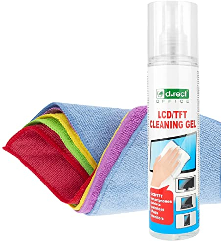 D.RECT – Bildschirmreiniger Spray Set Putzlappen Staubtücher | Mikrofasertuch | für Laptop, Tablet, Smartphone und Monitor | 250ml + 5 Stück