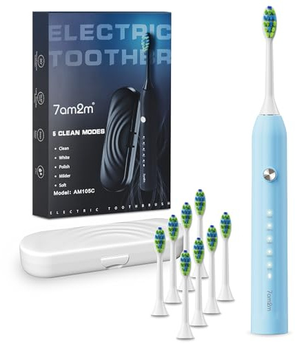 7AM2M Sonic Electric Toothbrush for Adults and Kids, with 8 Brush Heads and Travel Case,5 Modes with 2 Minutes Built in Smart Timer, One Charge Use for 90 Days, Rechargeable Toothbrushes (Light Blue)