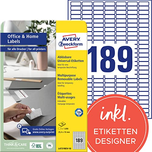 AVERY Zweckform L4731REV-10 Universal Etiketten (1.890 Klebeetiketten, 25,4x10mm auf A4, wieder rückstandsfrei ablösbar/abziehbar, individuell bedruckbare, selbstklebende Aufkleber) 10 Blatt, weiß
