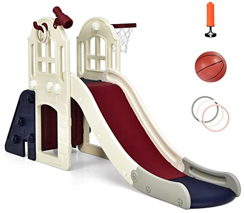 COSTWAY 6 in 1 Large Kids Slide, Toddler Climber Slide Set with Basketball Hoop, Ring Toss and Telescope, Indoor Outdoor Freestanding Slider Playset (Blue)
