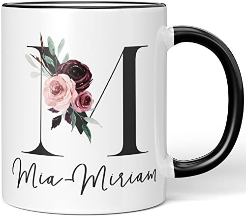 JUNIWORDS Tasse, Mia-Miriam, Name Anfangsbuchstabe Initial Alphabet Floral Buchstabe M Monogramm Motiv, Schwarz (5588949)