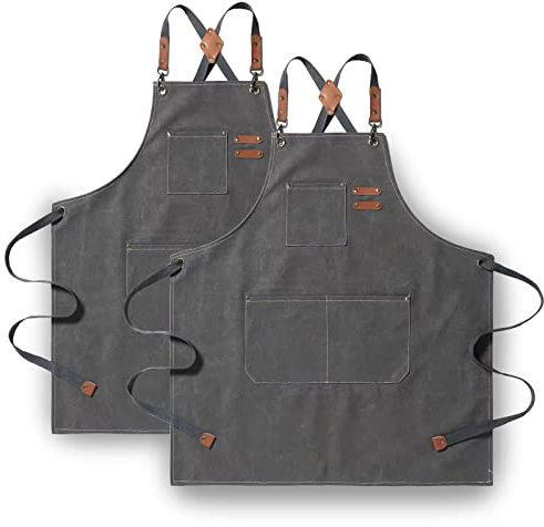Tosewever 2 Stück Leinwand Kreuz Rücken Kochschürze für Männer Frauen mit Taschen, Baumwoll-Werkzeugschürzen zum Kochen Küche BBQ Künstler, GRAU, 2 Pack