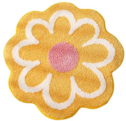 NFNSIG Blumenförmige Badezimmerteppiche, 40 cm, Niedliche Gänseblümchen-Badematte, Runde, Weiche, Superfeine Faser, Blumen-Bodenmatte, Saugfähige, Maschinenwaschbare Badewannenmatten für die(gelb)